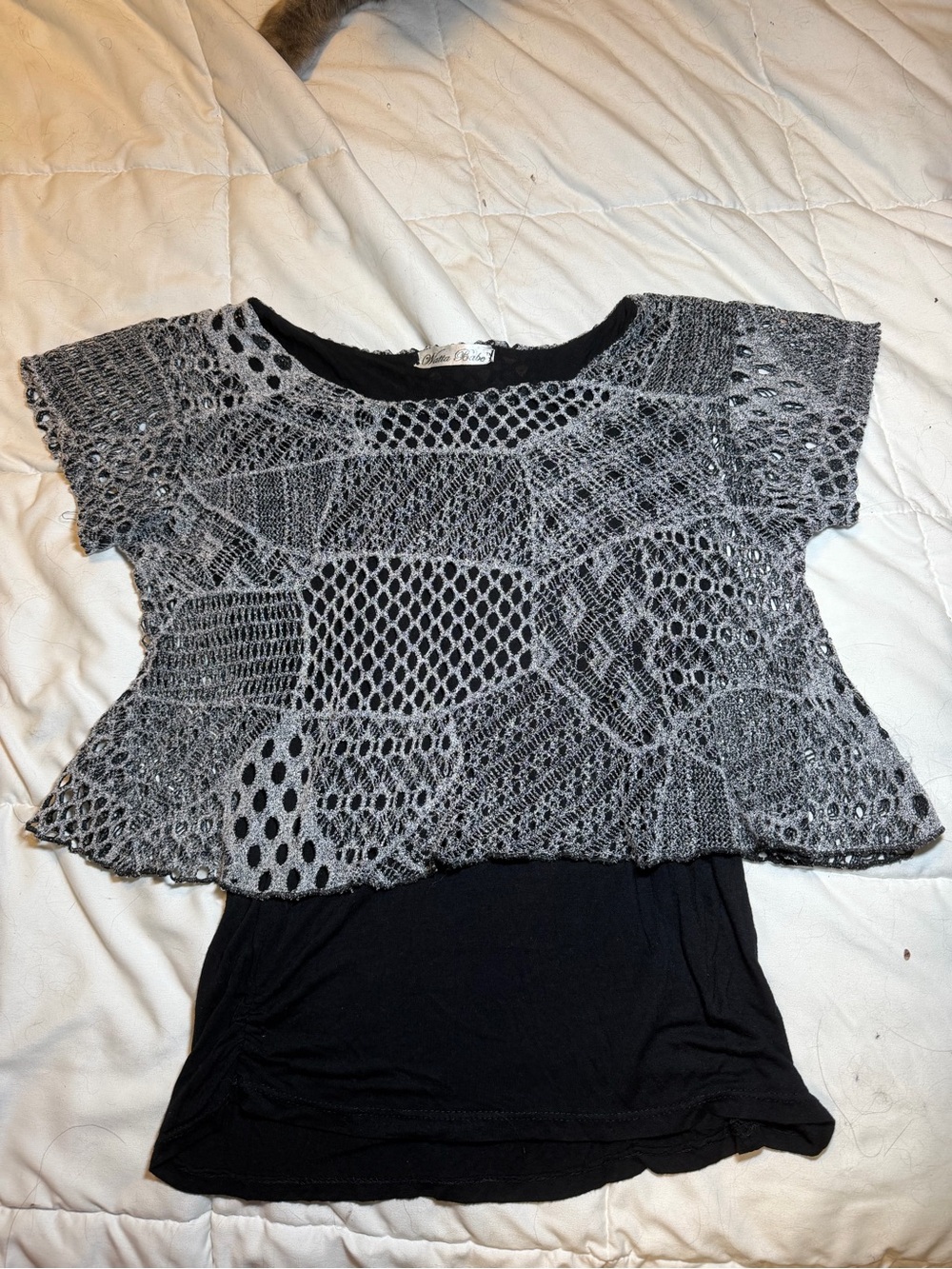 Black Short-Sleeve Tee with Gray Crochet Overlay